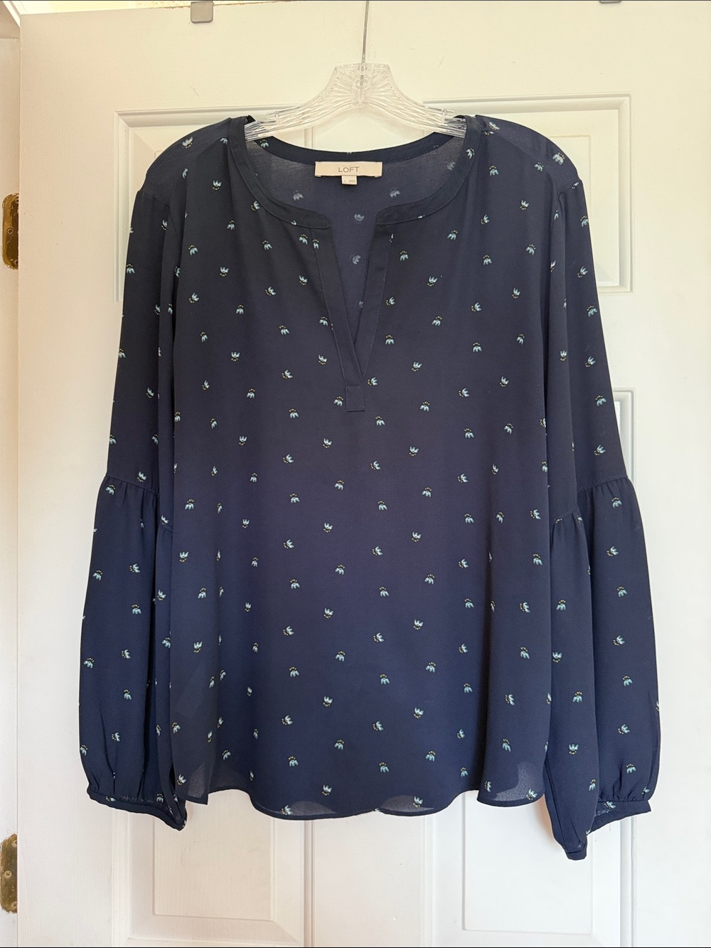 LOFT Navy Blouse with Mint Dot Print